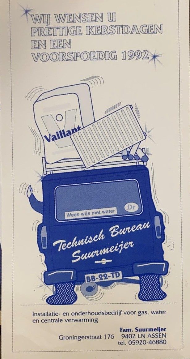 Kerstkaart 1992 met illustratie van bus met Vaillant CV-ketel